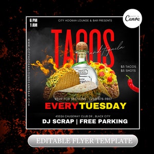 Tacos and tequila event flyer, Editable on Canva, Club flyer, Tacos tuesday, Menu Flyer, Food flyer, Social media invitation flyer