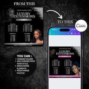 DIY Hair Pricelist Flyer, Hair Sale, Bundle Deals, Hair Extensions Wig Flyer, Editable Canva Template