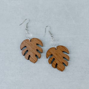 Wooden and Acrylic Monstera Earrings | Hawaii Earrings | Boho Hippie Earrings | Monstera Leaf | Tropical Plant | Gift for Her