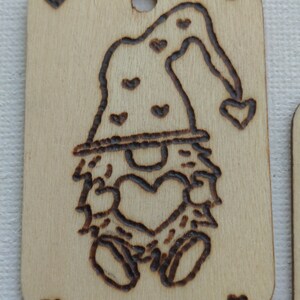 Wooden Gift Tag with Gnome, Wood Burned Gnomes on Tags, Gift Tag or Label Featuring Gnome Holding a Heart