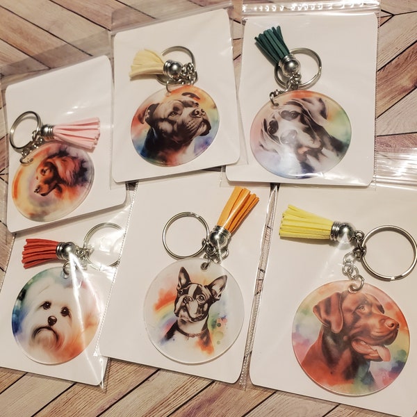 Sublimated round acrylic keychain for dog lovers. Perfect for people who love dogs. Attach it to your handbag or backpack.