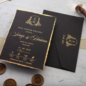 Vintage black deckle edge gold foil wedding invite fantasy wedding card image 4