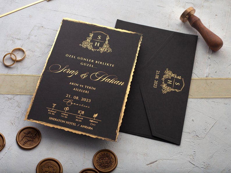 Vintage black deckle edge gold foil wedding invite fantasy wedding card image 4