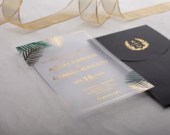 Green and gold tropical palm acrylic wedding set, foil print wedding invitation