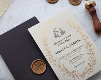 Floral-framed black & gold foil wedding invite for your dream day