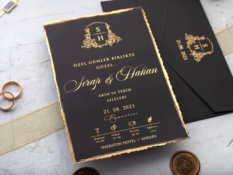 Vintage black deckle edge gold foil wedding invite fantasy wedding card image 3