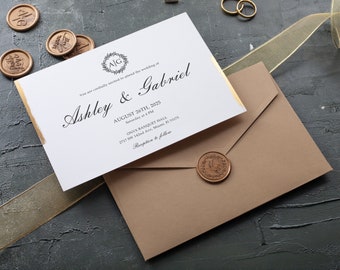 Gold foil detail modern wedding invite wax seal, ecru envelope, stylish wedding card