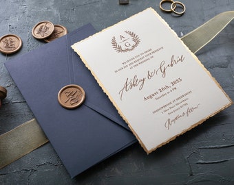 Deckled edge gold foil invite wax seal, dark green envelope, dream wedding