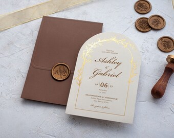 Boho style arch shaped floral wedding invite with gold foil dream wedding day