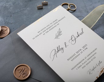 Gold foil detailed wedding invite wax seal, khaki envelope for your best day