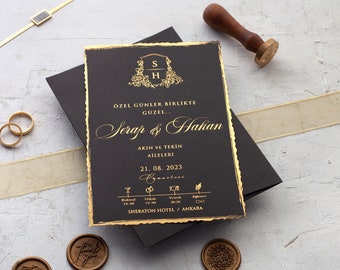 Vintage black deckle edge gold foil wedding invite fantasy wedding card