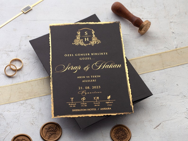 Vintage black deckle edge gold foil wedding invite fantasy wedding card image 1
