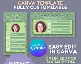 以下が含まれることがあります： Twitchストリーマーの週間スケジュール用の緑と白のCanvaテンプレート。テンプレートには、プロフィール写真、タイトル、曜日と対応するアクティビティのリストを配置するスペースがあります。「EDIT IN CANVA」というテキストが青と紫の円の中に表示されています。