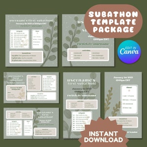 May include: A green and brown digital template for a Twitch subathon with the text "username's first subathon!" and "January 1st 2023 at 12:00pm EST" and "twitch.tv/username". The template includes a timer, sub goals, activities, and incentives.