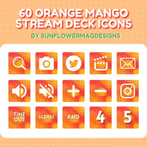 May include: A set of 15 orange and yellow Stream Deck icons with white icons. The icons include a magnifying glass, camera, Twitter bird, film reel, envelope, speaker, mute button, plus sign, minus sign, Instagram logo, time out, scenes, raid, and the numbers 4 and 5.