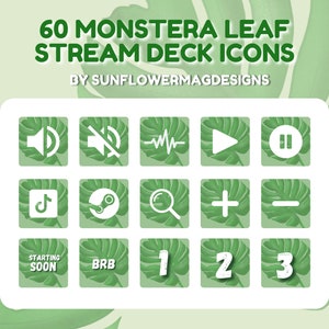 Peut inclure: Un ensemble de 15 icônes de deck de diffusion vertes et blanches avec différents symboles et textes, notamment un bouton de lecture, un bouton de pause, une icône de volume, une icône de microphone, un signe plus, un signe moins, une loupe, un logo TikTok, un logo Steam et le texte "Début bientôt" et "BRB".