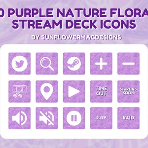 May include: A set of 15 purple stream deck icons with white icons. The icons include a Twitter bird, magnifying glass, Steam logo, plus sign, minus sign, film reel with scissors, location pin, play button, "Time Out", "Starting Soon", volume up, mute, pause, "Sleep", and "Raid".