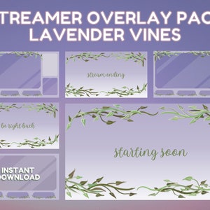 Paquete de superposición de Streamer de vides de lavanda animadas para Twitch, paquete de Streamer de vegetación floral simple, plantas estéticas en colores pastel