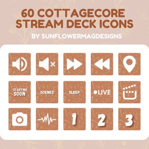 May include: A set of 18 cottagecore-themed stream deck icons. The icons are white and feature various designs, including a microphone, a speaker, a play button, a pause button, a rewind button, a fast forward button, a location pin, a camera, a sound wave, a starting soon button, a scenes button, a sleep button, a live button, a film reel, and the numbers 1, 2, and 3. The icons are set against a brown background with a floral pattern.