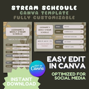 Custom Twitch Week Stream Schedule Sage Green Plants | Canva Template Editable Custom Weekly Digital Download Aesthetic Promo Social Media