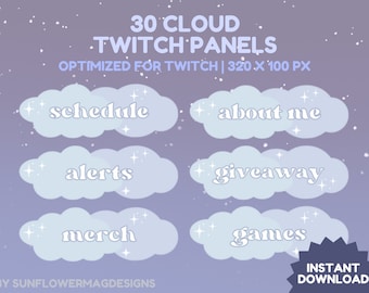 30x Twitch Panels Celestial Cloud | Streamer Panels | Stars, Sky, Rain, Cozy, Aesthetic, Blue Clouds Evening Sky | Panels for Streaming