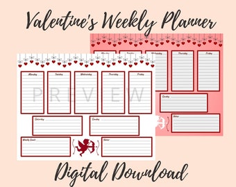 Valentine's Day Weekly Planner | February Themed Weekly Planner | 11" x 8.5" | Digital Download | Pink Weekly Planner | Hearts | Cupid