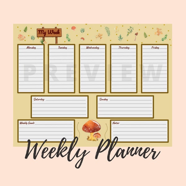 Weekly Planner, Cottagecore, Woodland Aesthetic | Printable Digital Download | PDF | 11" x 8.5"