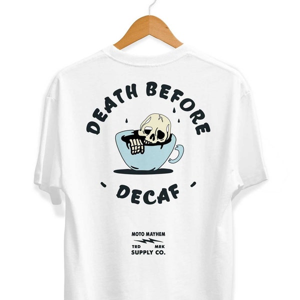Death Before Decaf T-Shirt, Vintage Inspired, Funny Skull Graphic, Unisex Adult Coffee Addict Lover Tee