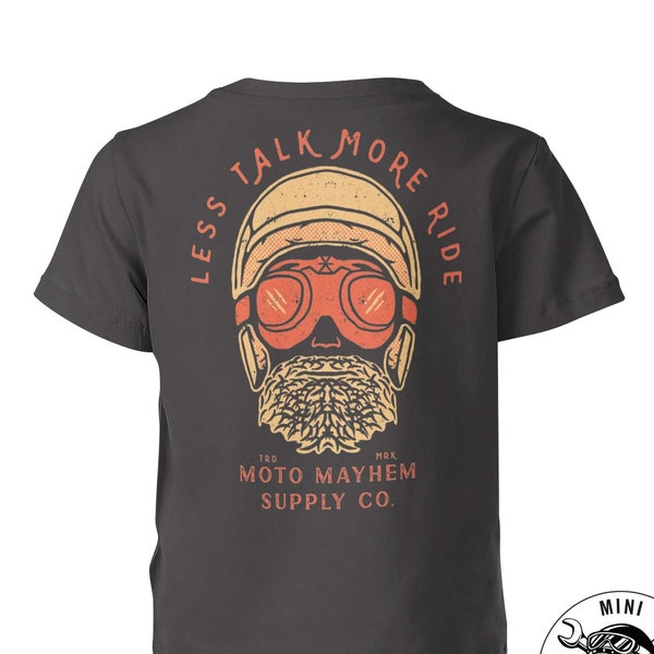 Less Talk More Ride Kids T-Shirt, Retro Bearded Old Biker, Moto Mayhem Youth Tee