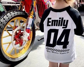 Kids Custom Race 3/4 Sleeve T-Shirt, Name & Number Racing Jersey, Personalised MTB, Motocross, Dirt Bikes, Track Gift