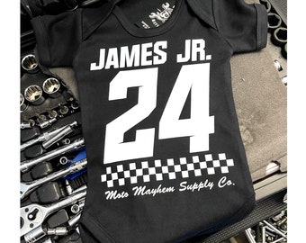 Baby Custom Race Bodysuit, Your Name & Number baby grow, Personalized Racing Stock Car, Motorsport, Dirt Bike One Piece, Biker Family Gift