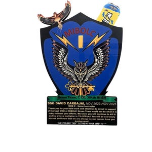 May include: A shield-shaped emblem with a blue background, featuring an owl, lightning bolts, and the text "MIBOLC". A can of energy drink and a bird are also present. The text "Green Team" and a name are visible.
