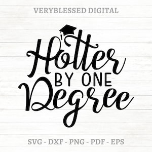 May include: Black and white graphic design with a graduation cap and the text "Hotter by one Degree".