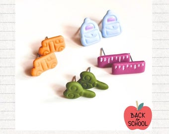 Handmade Polymer Clay Stud Earrings | School Bus, Backpack, Ruler, Scissors Set
