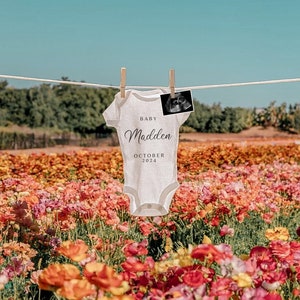 Flower Field Pregnancy Announcement Digital | Spring Baby Announcement | Baby Clothesline Pregnancy | Social Media Facebook Instagram Post