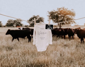 May include: A white baby onesie with the text "Baby Warren August 2024" hanging on a clothesline with a sonogram photo attached. The onesie is hanging in a field with a herd of black cows in the background.
