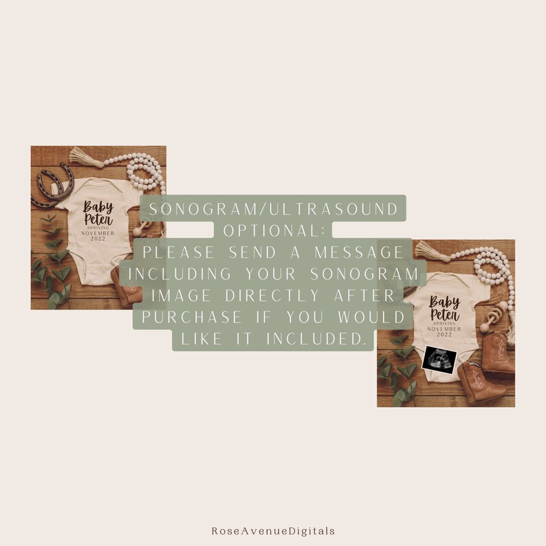 K&ouml;nnte beinhalten: Ein digitales Design f&uuml;r einen Baby-Strampler mit dem Text "Baby Peter Arriving November 2022". Der Strampler ist auf einer Holzoberfl&auml;che mit einer wei&szlig;en Perlenkette, einem braunen Lederschuh f&uuml;r Babys und einem Eukalyptuszweig abgebildet. Der Text "SONOGRAM/ULTRASOUND OPTIONAL: PLEASE SEND A MESSAGE INCLUDING YOUR SONOGRAM IMAGE DIRECTLY AFTER PURCHASE IF YOU WOULD LIKE IT INCLUDED." ist ebenfalls im Bild zu sehen.