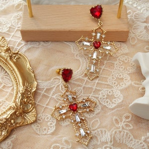 Gothic Cross Earrings, Victorian/Baroque/Vintage Earrings/Red Heart /Italian Style/ Gift for her