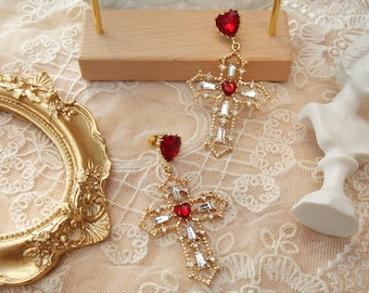 Gothic Cross Earrings, Victorian/Baroque/Vintage Earrings/Red Heart /Italian Style/ Gift for her