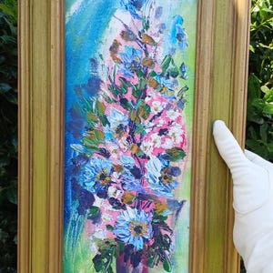 Vintage Signed Original Colorful Abstract Flowers in Vase Framed Painting on Canvas