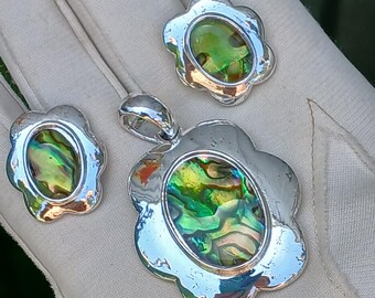 Vintage Silver Tone and Green Abalone Post Earrings and Pendant Set