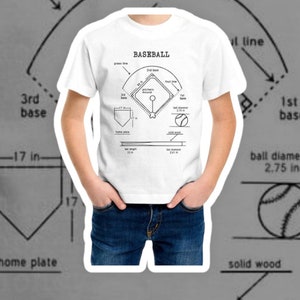 May include: White t-shirt with a diagram of a baseball field and the text "BASEBALL". The diagram includes the dimensions of the field in inches.