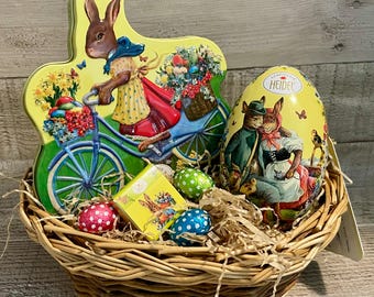 RARE Heidel Easter Nostalgia Tin Bike & Egg Filled w/ German Praline Chocolates in Gift Basket