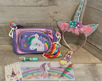 Girls Unicorn Birthday Gift Shoulder Bag, Headband, Notebook & Pen Sticker and Candy