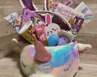 Girls Large Unicorn Plush Spring Basket Filled W/Easter Candy, Treats & Toys