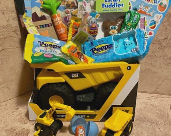 CAT Dump Truck Easter Basket: Candy, Construction Vehicles, Activities Bundle