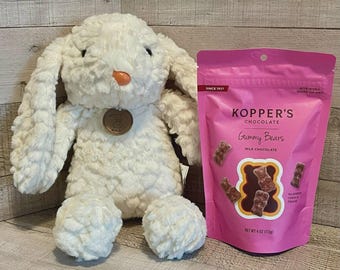 White Plush Rabbit Bunny w/ Milk Chocolate Covered Gummy Bears