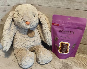 Plush Soft Rabbit Bunny W/ Dark Chocolate Gourmet Covered Gummy Bears