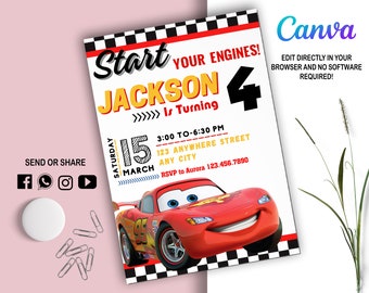 Invitación de coches l Invitación para niños l Invitación a fiesta digital l Plantilla de cumpleaños moderna imprimible l Editable en Canva l Descarga instantánea