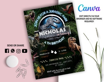 Invitación al Parque Mundial de Dinosaurios l Los niños invitan l Fiesta digital Evite l Plantilla de cumpleaños moderna imprimible l Editable en Canva Descarga instantánea